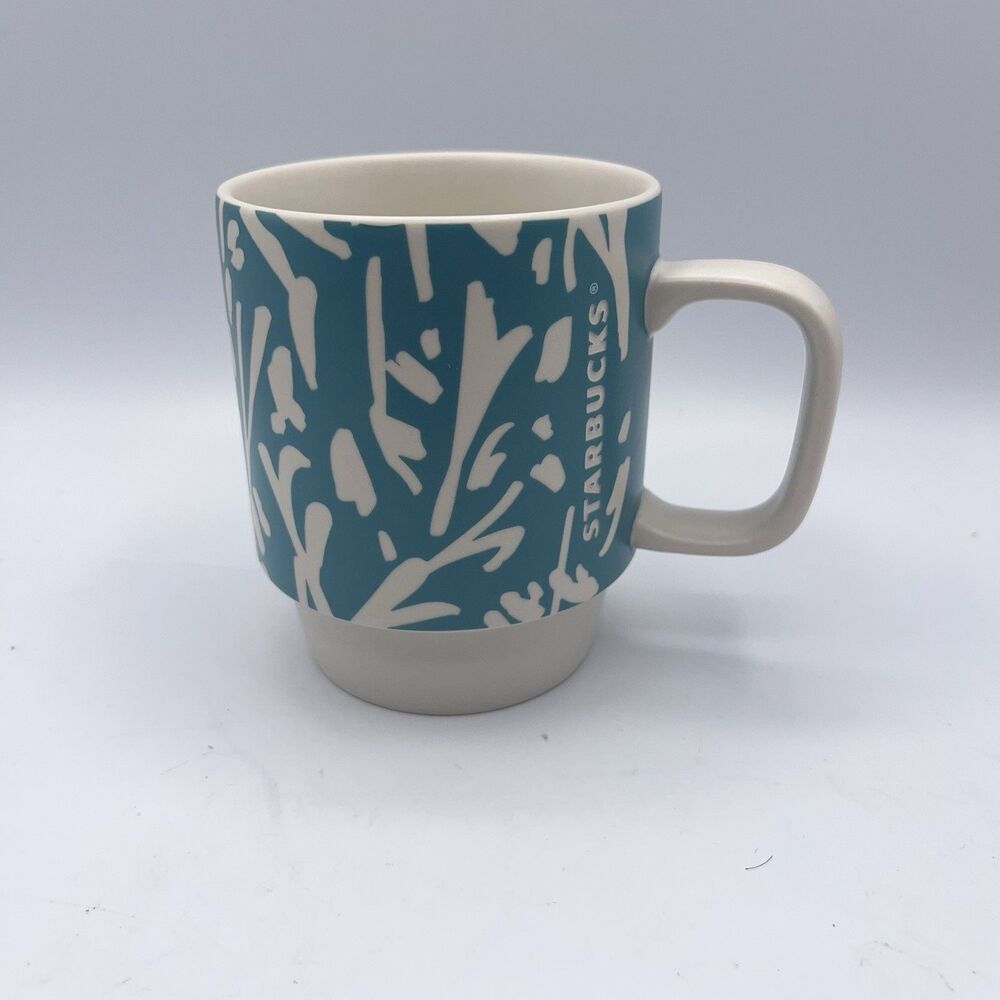 2016 Starbucks Abstract Bamboo Unique Floral Stackable Teal Coffee Tea Cup 12oz